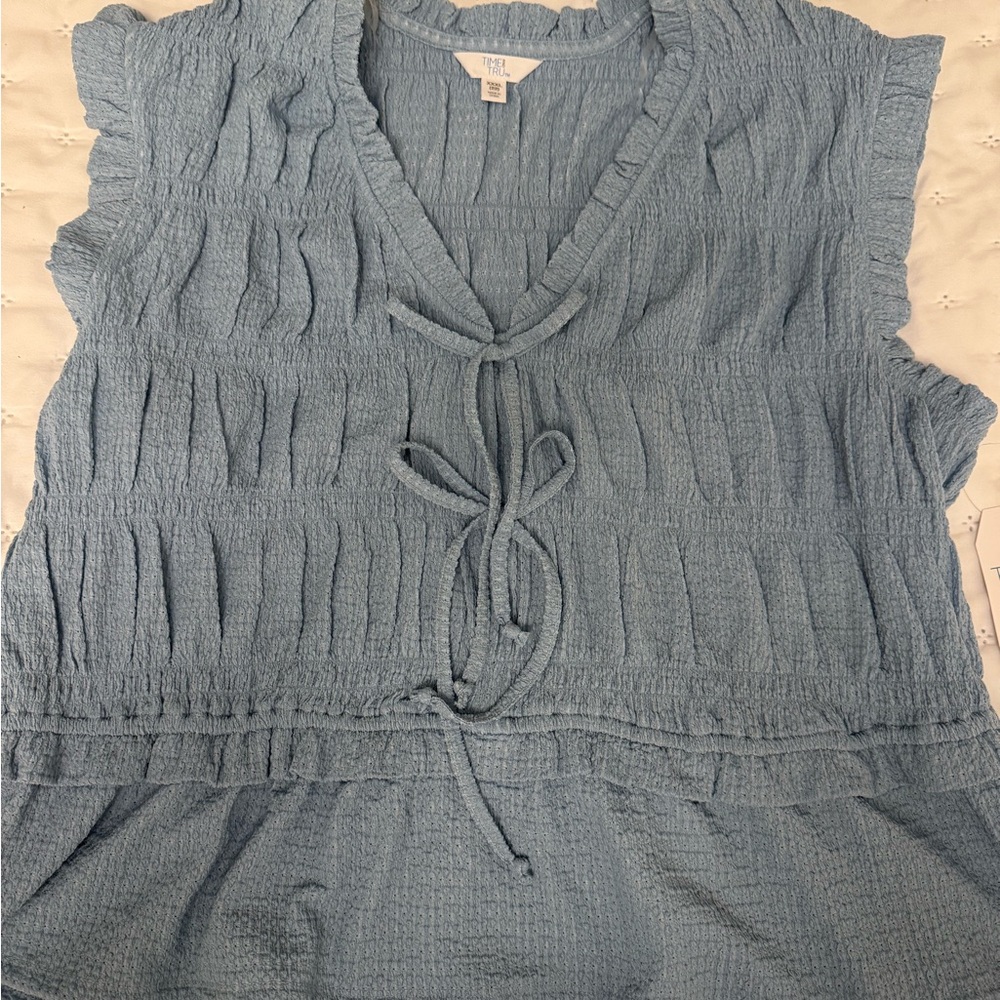 Time and Tru Light Blue Textured Tie-Front Tunic